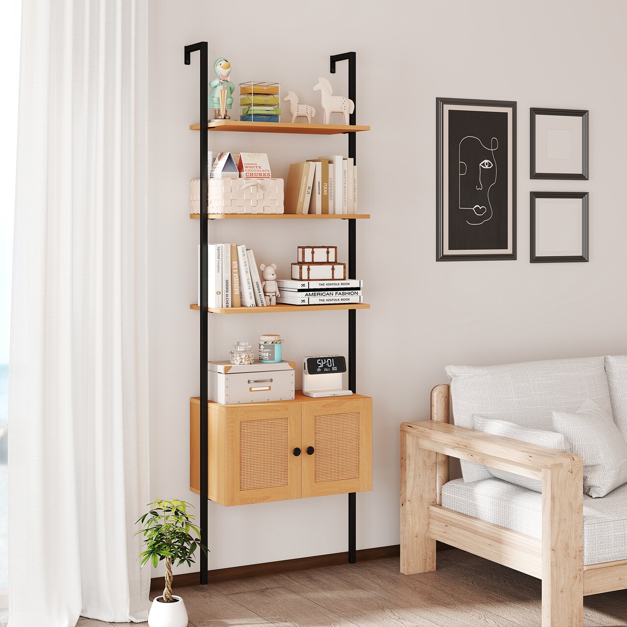 Ladder Shelf 5-Tier Bookcase with Rattan Cabinet and Metal Frame